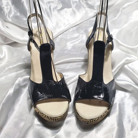 $$$ RESTRICTED black patent t-strap espadrille woven platform wedge heels SZ 9 - Picture 2 of 5